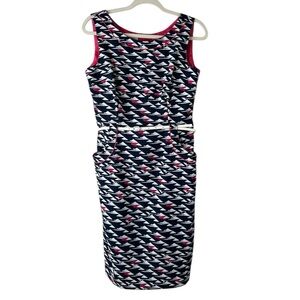 London Times Navy Pink and White Geometric Sheath Dress with Cap Sleeves Pcokets